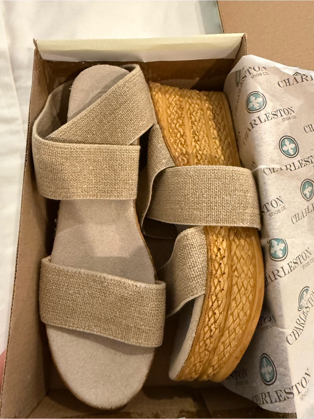 CHARLESTON SHOE CO. Tan Elastic Strap Espadrille Wedge Sandals